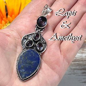 Lapis Pendant Amethyst Handmade Long Gemstone Crystal 925 Silver Bohemian Ethnic